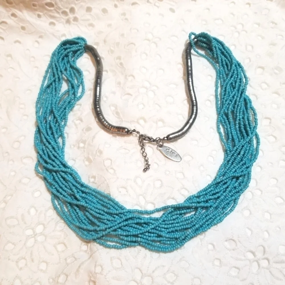 𝅺Vintage Cara NY 16 Strand Turquoise Glass Bead Necklace